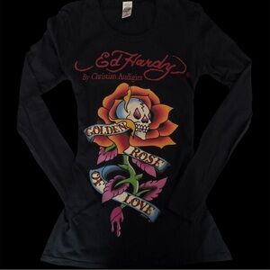 Rare Authentic Vintage Y2K Grunge Black Ed Hardy Graphic Long Sleeve Shirt